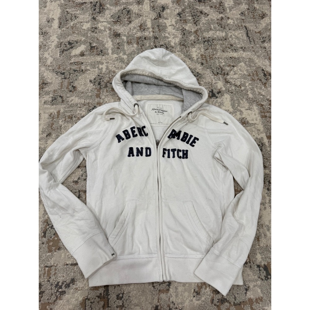 Abercrombie & Fitch Mens White Full Zip Logo Hoodie Navy Applique Size L Y2K
